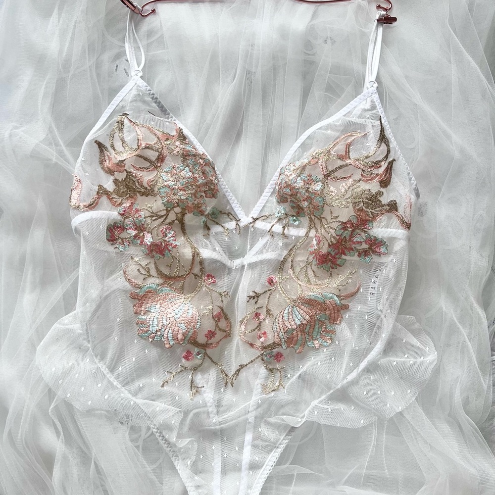 Delicate Floral Embroidered Sheer Bodysuit - White and Pink